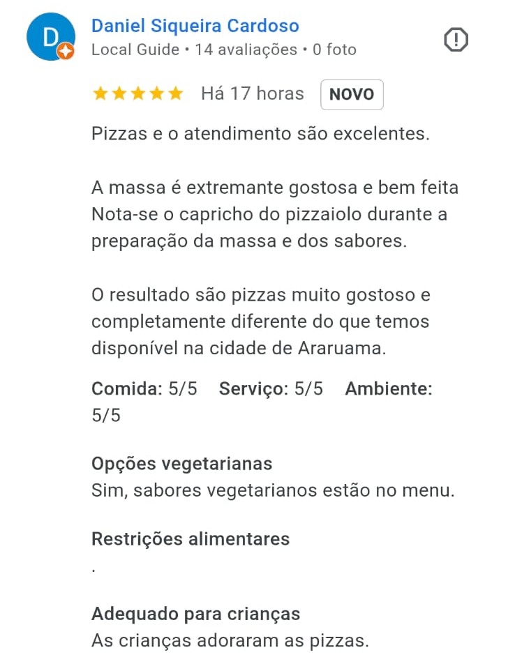 Avaliação 5★ elogiando leveza da pizza da Lievità em Araruama