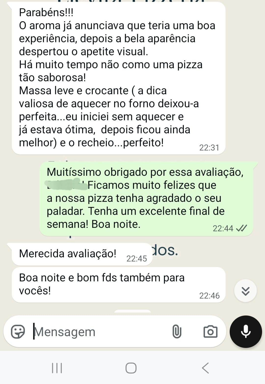 Cliente relata evento perfeito com pizzas leves