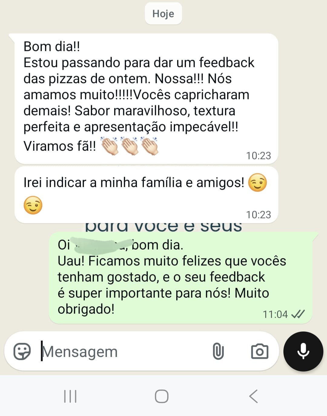 Cliente relata evento perfeito com pizzas leves